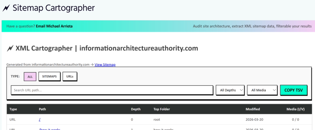 Free SEO tool created by Michael Arrieta, the sitemap cartographer